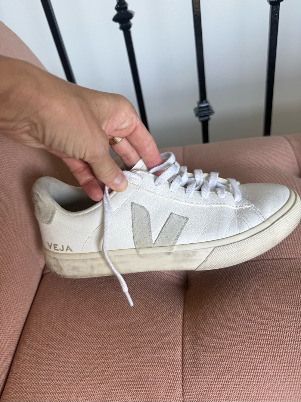 Veja Men's White Leather Sneakers with Light Gray Suede V Logo